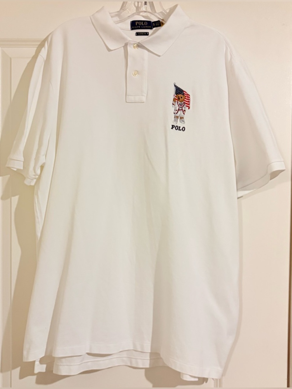 Polo by Ralph Lauren White Polo with Embroidered Bear and American Flag Size XL